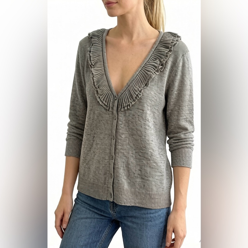 New Talbots Gray Ruffle Trim Cardigan Sweater Size SP